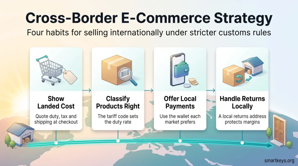 Cross-border e-commerce strategy infographic: four steps along a shipping route, from landed cost and product classification to local payments and local returns.