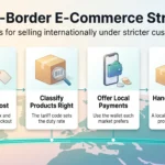 Cross-Border E-Commerce Strategy 2026: Customs, Shipping and Returns Cross-border e-commerce strategy infographic: four steps along a shipping route, from landed cost and product classification to local payments and local returns.