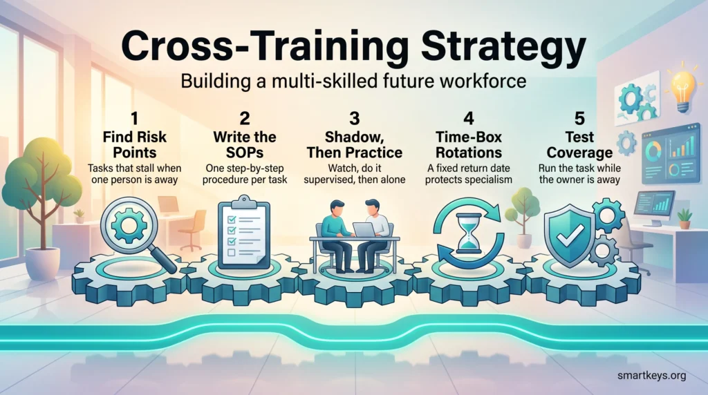 Cross-training strategy infographic showing five steps: find risk points, write SOPs, shadow then practice, time-box rotations and test coverage.