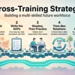 Cross-Training Strategy: Building a Multi-Skilled Future Workforce Cross-training strategy infographic showing five steps: find risk points, write SOPs, shadow then practice, time-box rotations and test coverage.