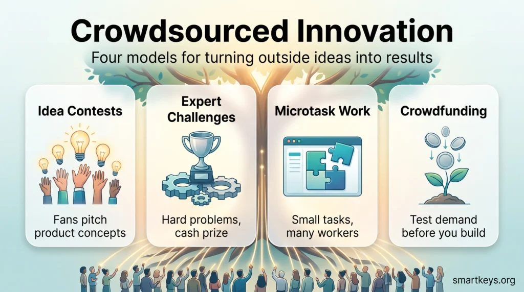 Crowdsourced innovation infographic showing four models: idea contests, expert challenges, microtask work and crowdfunding, fed by a crowd of contributors.