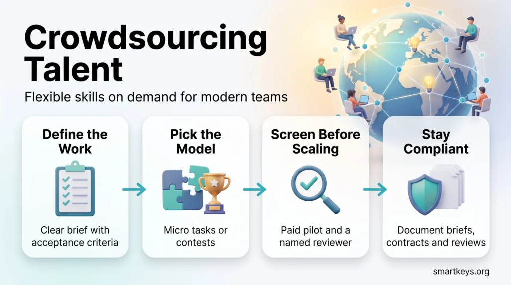 Crowdsourcing talent infographic showing four steps: define the work, pick the model, screen before scaling and stay compliant, in front of a global network.