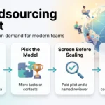Crowdsourcing Talent in 2026: A Guide to Workforce Flexibility Crowdsourcing talent infographic showing four steps: define the work, pick the model, screen before scaling and stay compliant, in front of a global network.