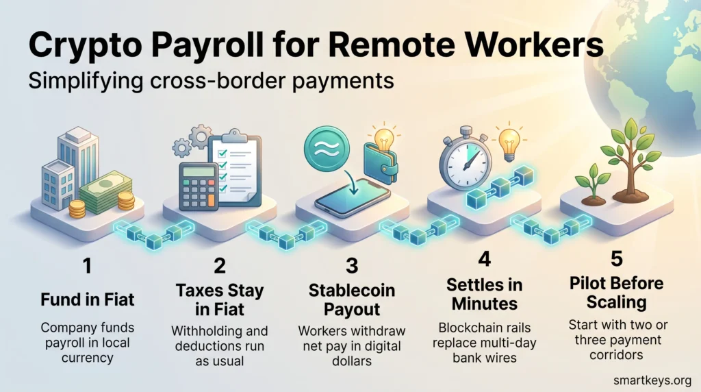 Infographic on crypto payroll for remote workers: fund in fiat, keep taxes in fiat, pay out in stablecoins, settle in minutes and pilot before scaling.