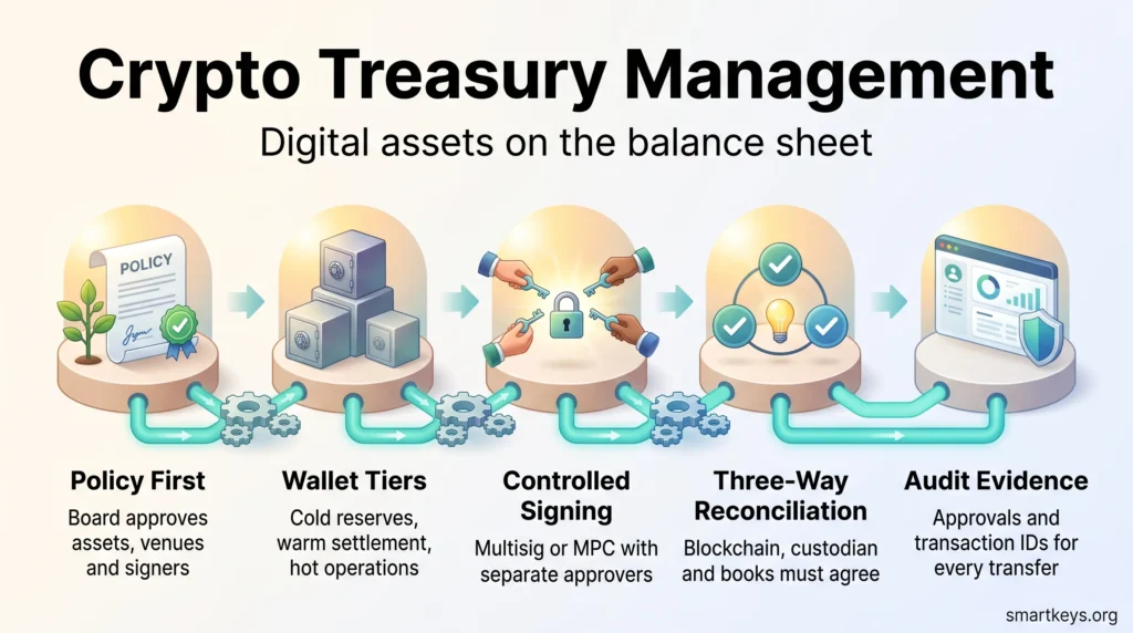 Crypto treasury management infographic with five steps: board policy, wallet tiers, controlled signing, three-way reconciliation and audit evidence.