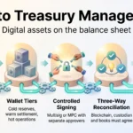 Crypto treasury management infographic with five steps: board policy, wallet tiers, controlled signing, three-way reconciliation and audit evidence.