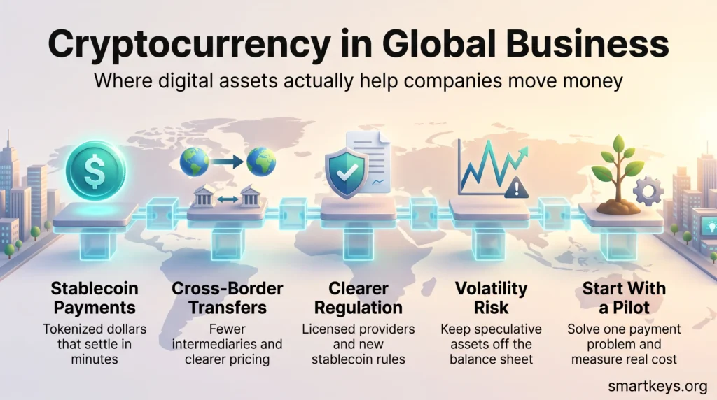 Infographic on cryptocurrency in global business: stablecoin payments, cross-border transfers, clearer regulation, volatility risk and starting with a pilot.
