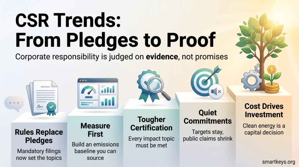 CSR trends infographic: corporate social responsibility moves from pledges to proof through mandatory filings, emissions baselines and tougher certification.