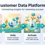 Customer data platform infographic showing four stages: collect web, mobile and CRM data, unify one profile, activate segments and govern consent.