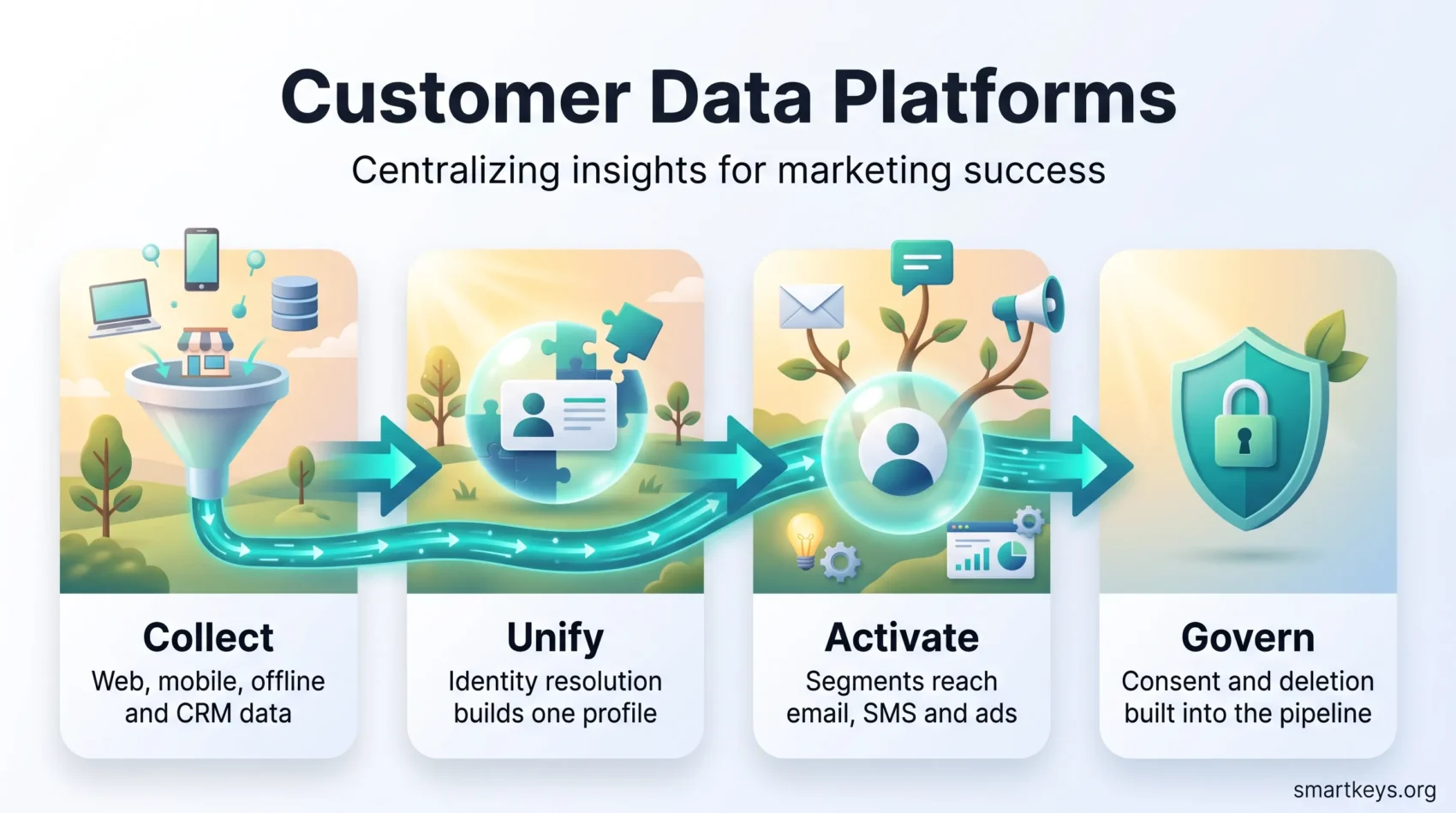 Customer data platform infographic showing four stages: collect web, mobile and CRM data, unify one profile, activate segments and govern consent.