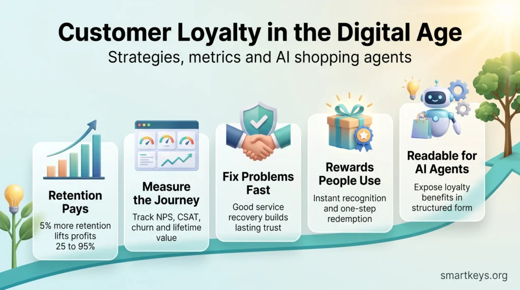 Customer loyalty infographic showing five steps along a rising path: retention profits, journey metrics, fast service recovery, usable rewards and AI agent readability.