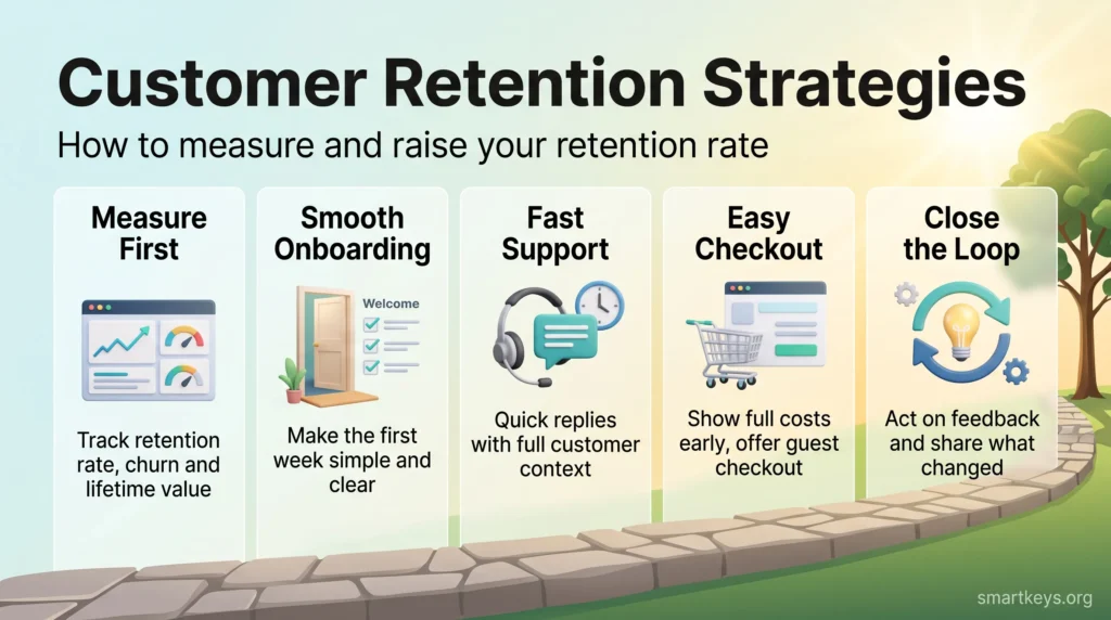 Infographic of customer retention strategies: measure first, smooth onboarding, fast support, easy checkout and close the loop, along a path to a growing tree.