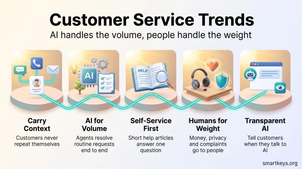 Customer service trends infographic: carry context across channels, AI for routine volume, self-service first, humans for high-stakes issues and transparent AI.
