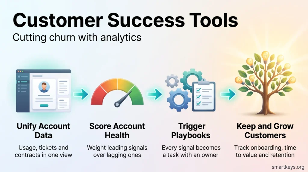 Infographic showing how customer success tools cut churn: unify account data, score account health, trigger playbooks, and keep and grow customers.