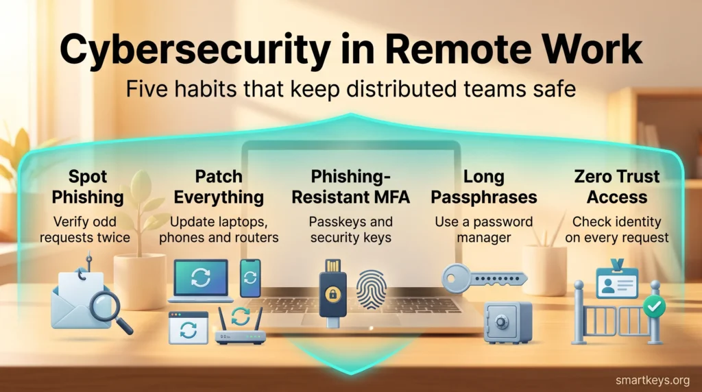 Cybersecurity in remote work infographic showing five habits: spot phishing, patch devices, phishing-resistant MFA, long passphrases and zero trust access.