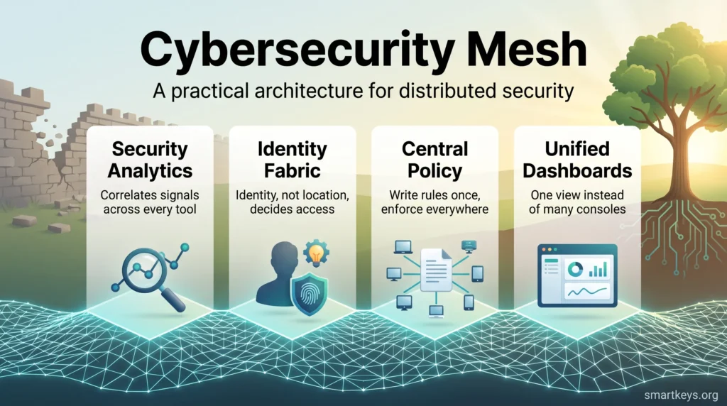 Cybersecurity mesh infographic showing four layers on a connected network: security analytics, identity fabric, central policy and unified dashboards.