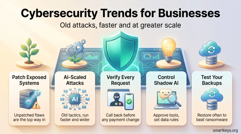 Cybersecurity trends infographic with five priorities for businesses: patch exposed systems, AI-scaled attacks, verify every request, control shadow AI and test backups.