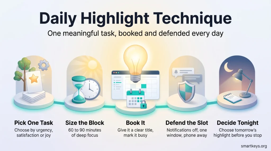 Daily highlight technique infographic in five steps: pick one task, size a 60 to 90 minute block, book it, defend the slot and decide tonight.