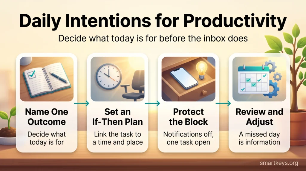 Infographic on daily intentions for productivity: name one outcome, set an if-then plan, protect the focus block, then review and adjust.
