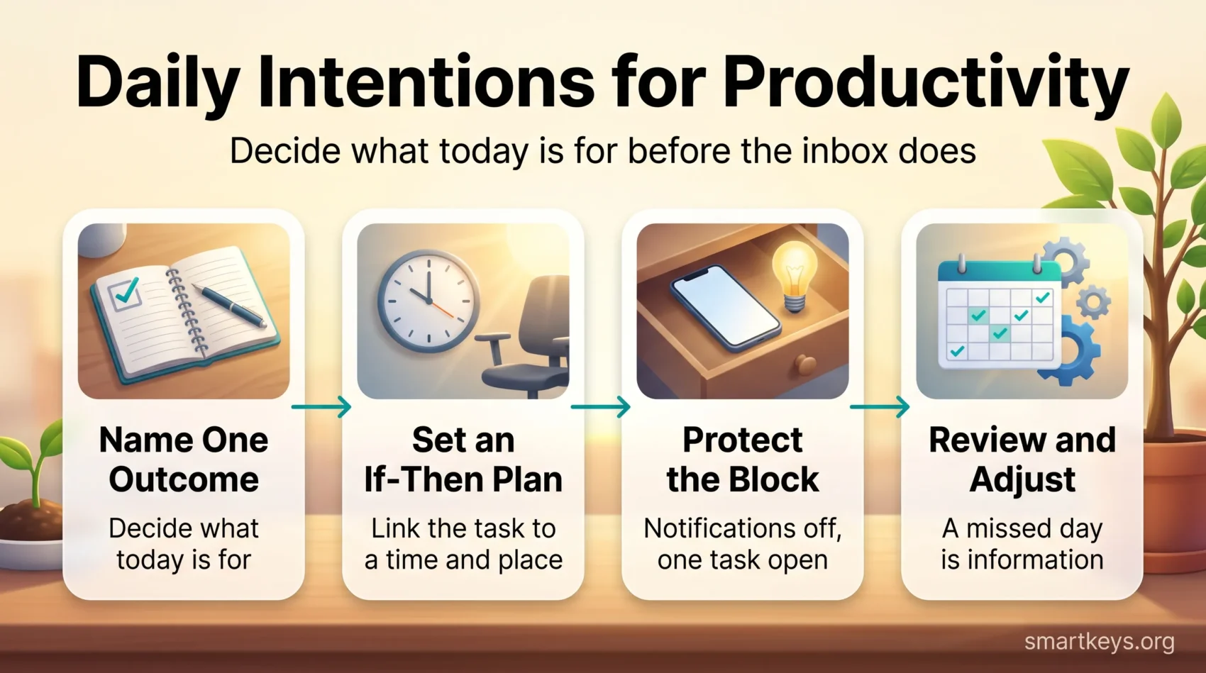 Infographic on daily intentions for productivity: name one outcome, set an if-then plan, protect the focus block, then review and adjust.