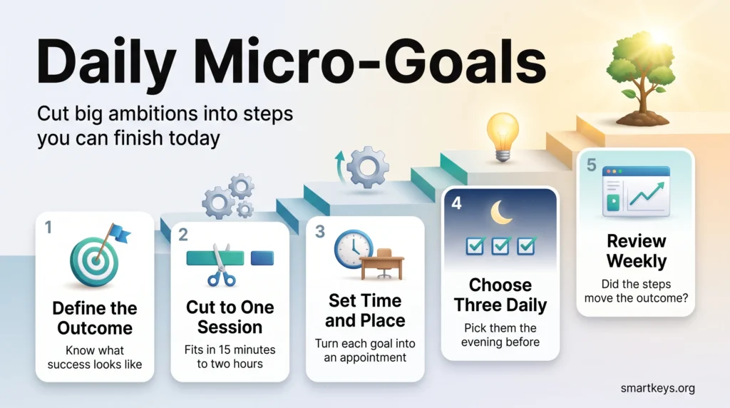 Infographic on daily micro-goals: define the outcome, cut steps to one session, set a time and place, choose three daily and review weekly.