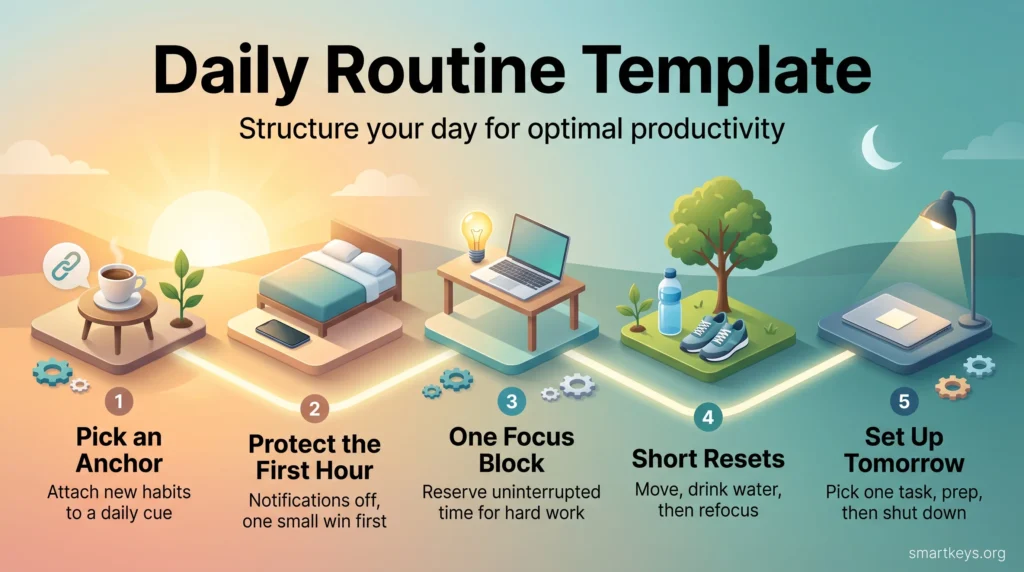 Daily routine template infographic showing five steps from sunrise to evening: anchor habits, protect the first hour, focus, reset, plan tomorrow.