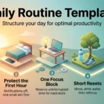 Daily Routine Template: Structure Your Day for Optimal Productivity Daily routine template infographic showing five steps from sunrise to evening: anchor habits, protect the first hour, focus, reset, plan tomorrow.