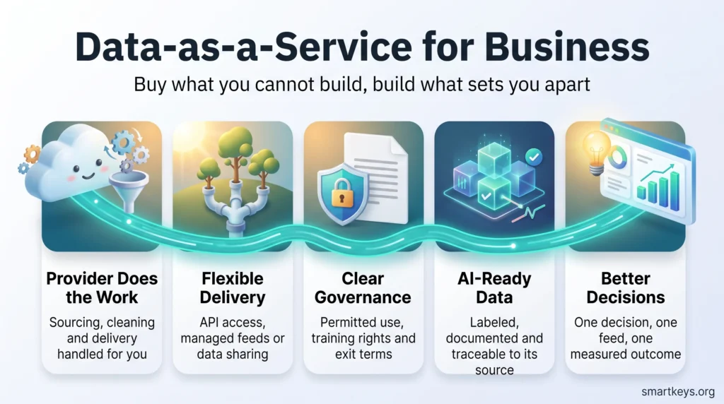 Data-as-a-Service infographic showing five stages from a cloud data provider through delivery, governance and AI-ready data to better business decisions.
