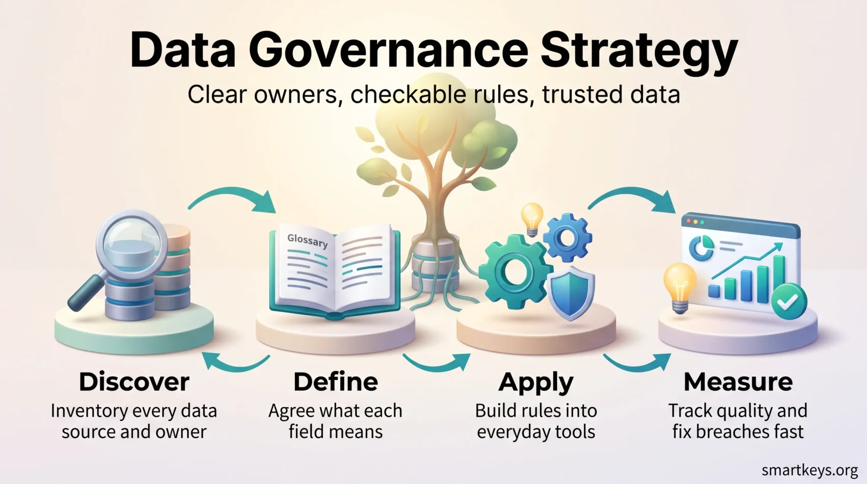 Data governance strategy infographic showing a four-stage loop: discover sources and owners, define field meanings, apply rules in tools, measure quality.
