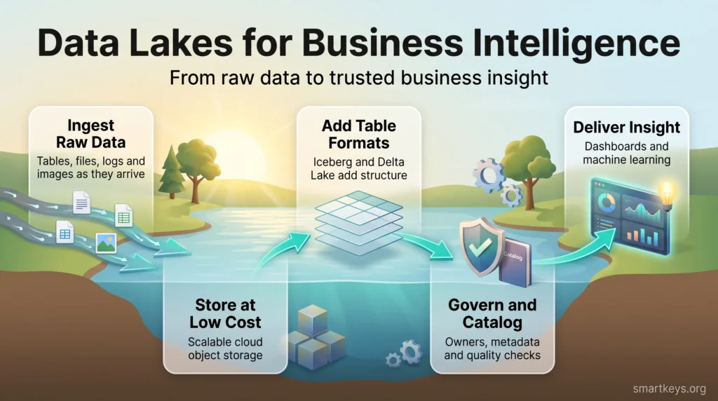Infographic on data lakes for business intelligence: raw data flows into a lake, is stored, structured, governed and turned into dashboards.