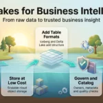Infographic on data lakes for business intelligence: raw data flows into a lake, is stored, structured, governed and turned into dashboards.