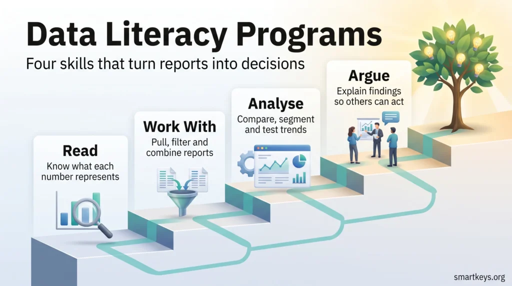 Infographic on data literacy programs showing four rising skill steps: read, work with, analyse and argue, leading to confident data-driven decisions.