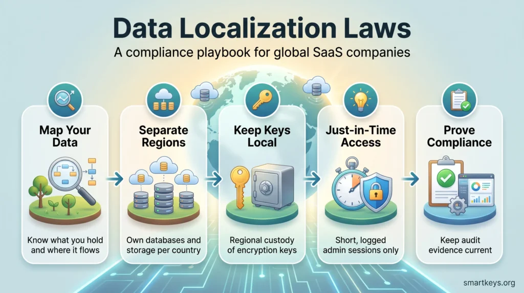 Infographic on data localization laws: a five step compliance playbook for SaaS companies, from mapping data and local keys to audit evidence.