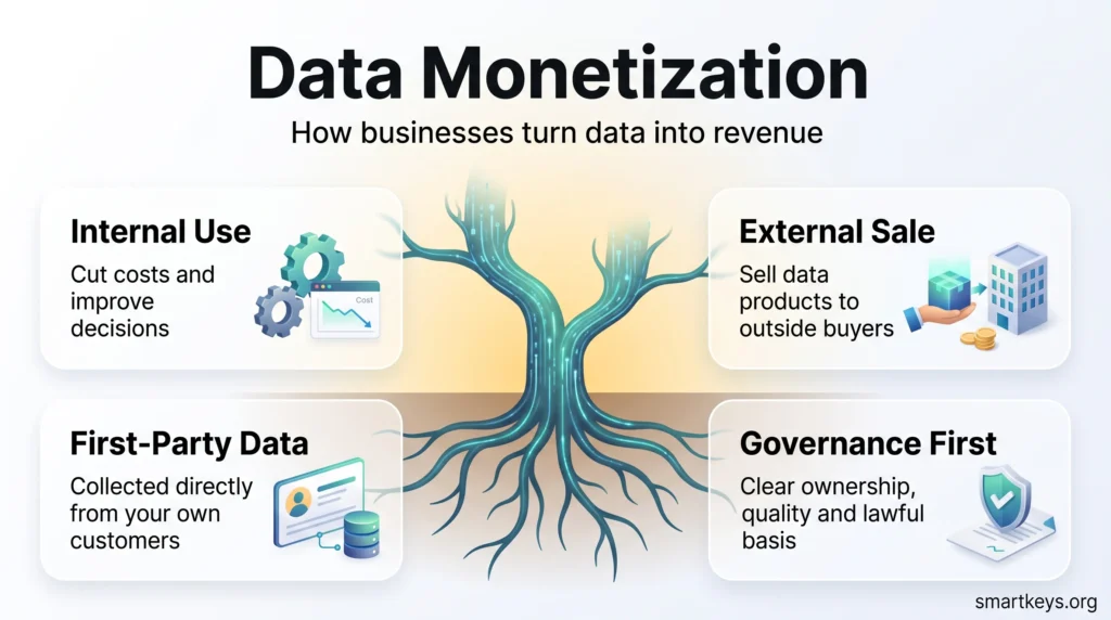 Infographic on data monetization: a data tree branching into internal use and external sale, rooted in first-party data and governance.