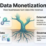 Infographic on data monetization: a data tree branching into internal use and external sale, rooted in first-party data and governance.