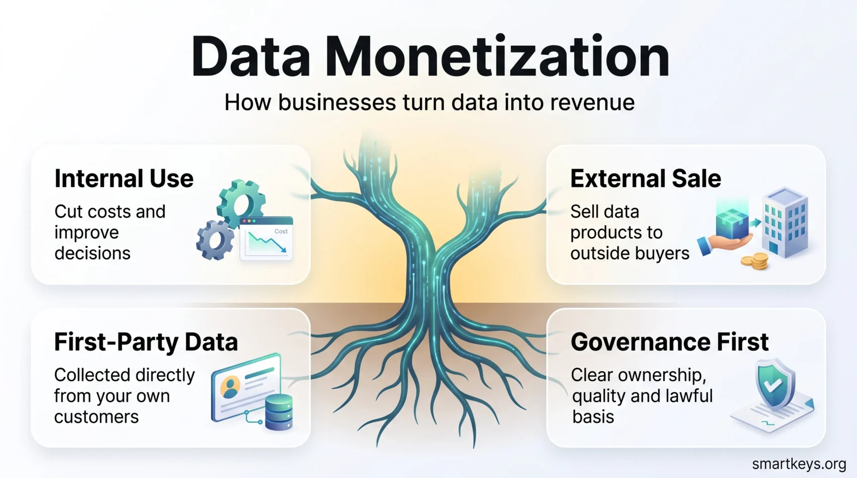 Infographic on data monetization: a data tree branching into internal use and external sale, rooted in first-party data and governance.