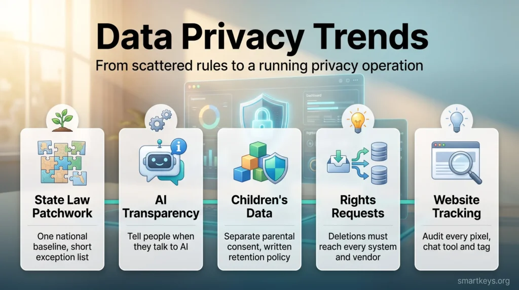 Data privacy trends infographic with five areas: state law patchwork, AI transparency, children's data, rights requests and website tracking.