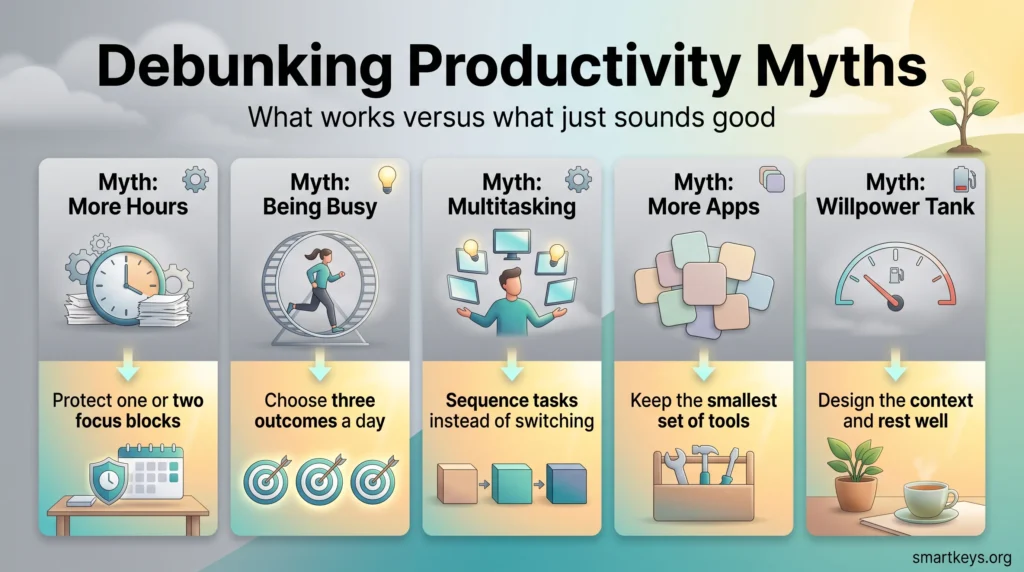 Infographic debunking five productivity myths, from more hours to the willpower tank, each paired with an evidence-based fix such as focus blocks.