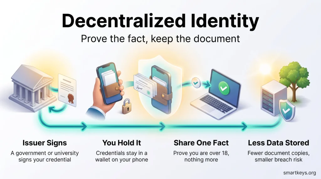 Decentralized identity infographic: an issuer signs a credential, you hold it in a phone wallet, share one fact, and companies store less data.
