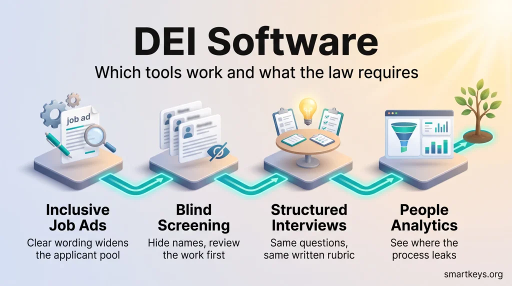Infographic on DEI software showing four hiring steps: inclusive job ads, blind screening, structured interviews and people analytics.