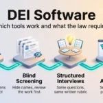 Infographic on DEI software showing four hiring steps: inclusive job ads, blind screening, structured interviews and people analytics.