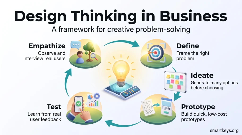 Design thinking in business infographic showing the five-phase loop: empathize, define, ideate, prototype and test with real users.