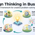 Design thinking in business infographic showing the five-phase loop: empathize, define, ideate, prototype and test with real users.