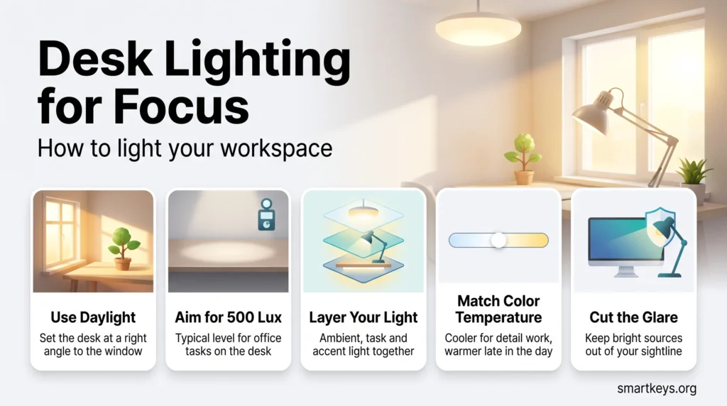 Infographic on desk lighting for focus: five cards on using daylight, aiming for 500 lux, layering light, matching color temperature and cutting glare.