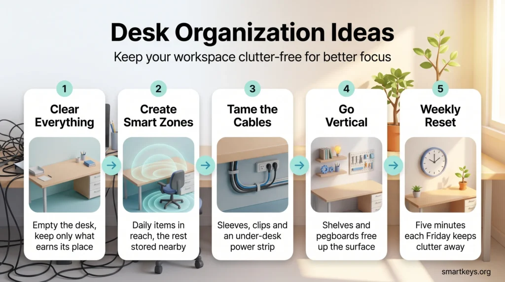 Desk organization infographic showing five steps: clear everything, create smart zones, tame the cables, go vertical and a weekly reset.