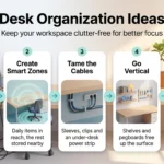 Desk Organization Ideas: Keep Your Workspace Clutter-Free for Better Focus Desk organization infographic showing five steps: clear everything, create smart zones, tame the cables, go vertical and a weekly reset.