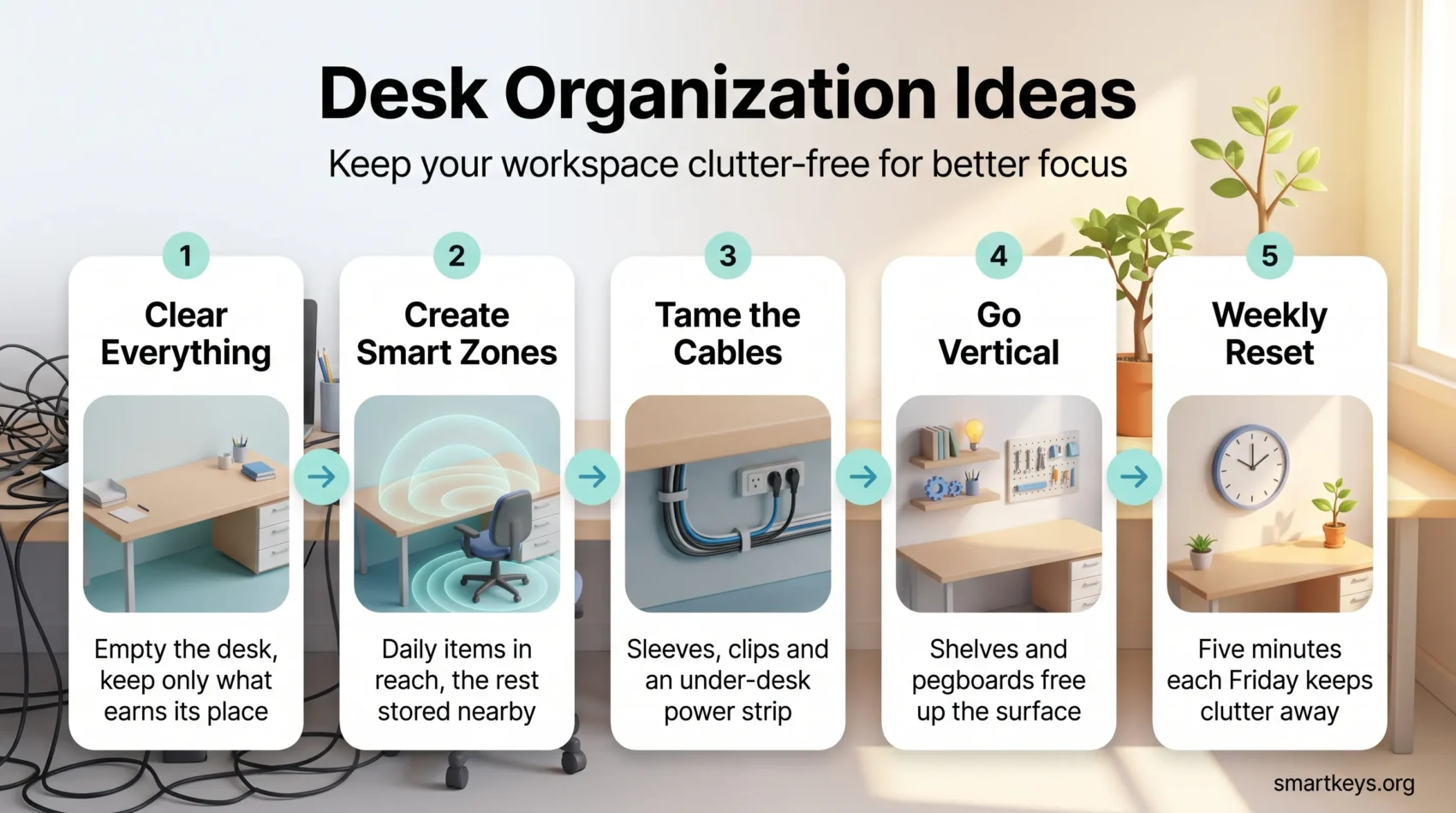 Desk organization infographic showing five steps: clear everything, create smart zones, tame the cables, go vertical and a weekly reset.