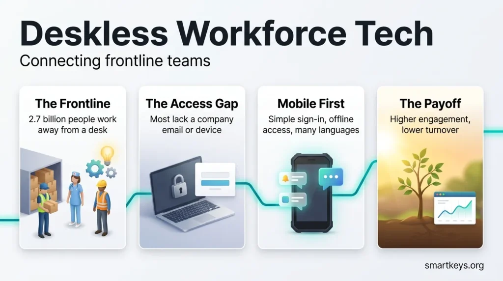 Infographic on deskless workforce technology in four steps: frontline workers, the access gap, mobile-first tools and higher engagement with lower turnover.