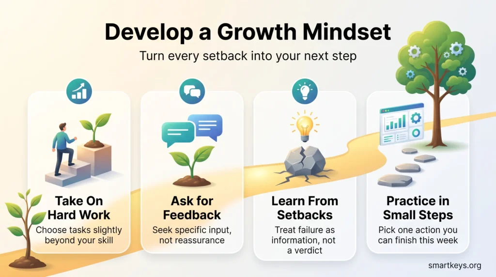 Infographic showing four steps to develop a growth mindset: take on hard work, ask for feedback, learn from setbacks and practice in small steps.