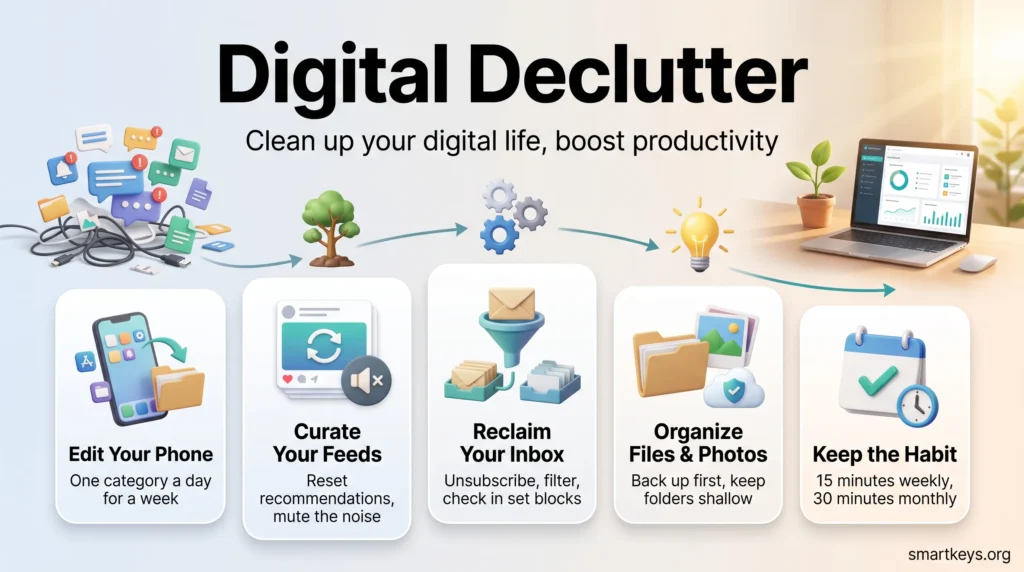 Digital declutter infographic with five steps: edit your phone, curate your feeds, reclaim your inbox, organize files and photos, and keep a weekly habit.